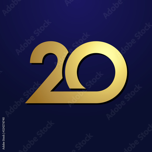 20 th anniversary numbers. 20 years old logotype. Shining golden congrats. Isolated abstract graphic design template. Creative 3D digits. Up to 20%, -20% percent off discount. Congratulation concept.