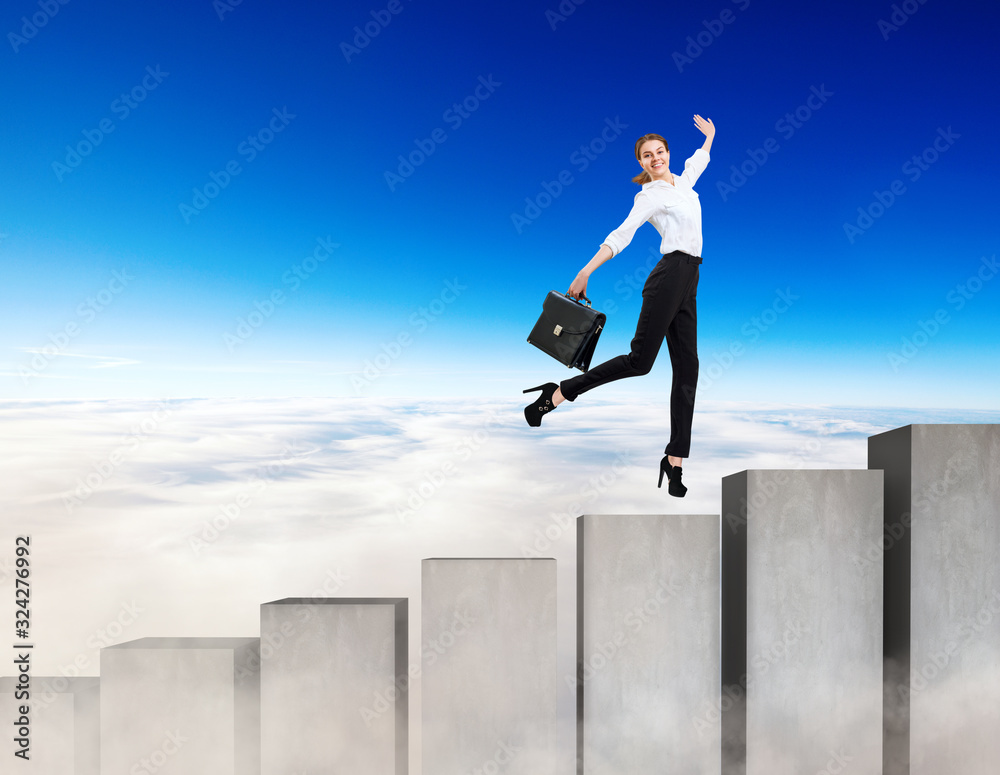Business woman running on the concrete stairs blocks. Business woman running on the concrete stairs blocks.