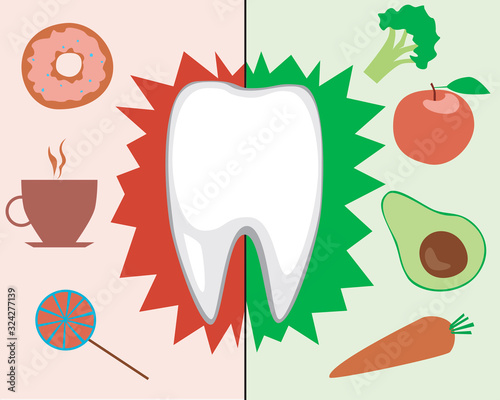 A white molar and both healthy and unhealthy foods, a vector stock illustration with a tooth as a concept for the prevention of caries and the effect of food on the tooth enamel