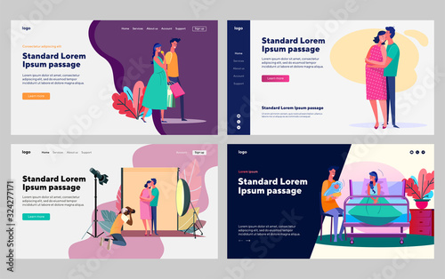 Expecting baby set. Pregnant couple walking outside, shopping, having photo shooting. Flat vector illustrations. Children, parenthood, family concept for banner, website design or landing web page