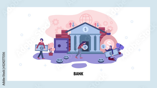 People save money in bank. Online banking and finance services. Bank building. Vector web design template. Landing page website concept illustration