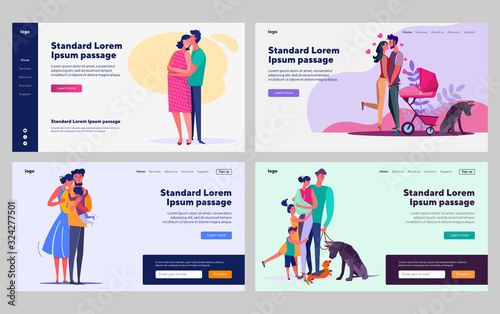 Happy parenthood set. Pregnant couple, walk with stroller, hugging children. Flat vector illustrations. Children, parents, family concept for banner, website design or landing web page