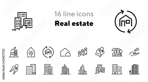 Real estate icons. Set of line icons. Apartment houses, big city, house. Immovable property concept. Vector illustration can be used for topics like urban construction, town planning