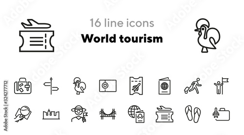World tourism icons. Set of line icons. Airplane travel, happy tourist, Lisbon. Travelling concept. Vector illustration can be used for topics like tourism, travelling