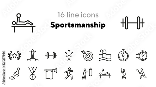 Sportsmanship line icon set. Sportsman, athlete, swimming pool, timer, boxing, baseball. Sport concept. Can be used for topics like competition, championship, contest