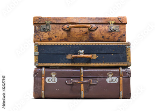  three old suitcases isolated on white background