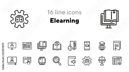Elearning line icon set. Webinar, computer, book, gadget, hat. Education concept. Can be used for topics like online school, distance learning, studying, training