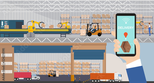 Vector of a warehouse managed via app on a smartphone