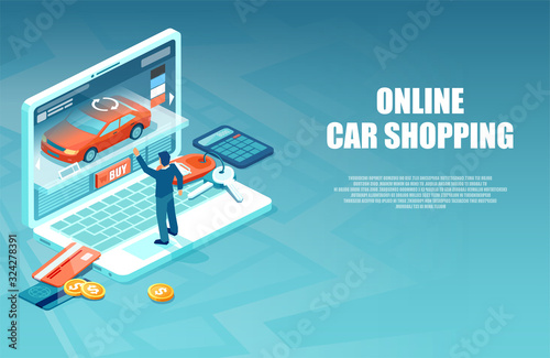 Vector of a man buying a car in the internet