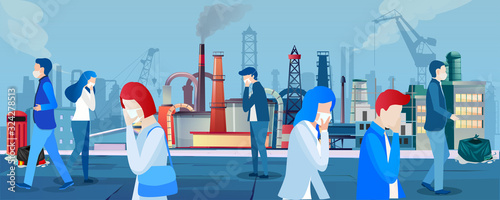 Vector of people in protective face masks walking on streets of a city with polluted air