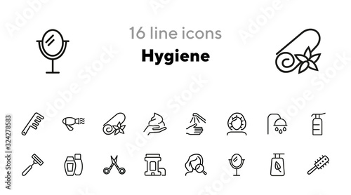 Hygiene line icon set. Shampoo, scissors, brush. Self care concept. Can be used for topics like shower, beauty care, makeup