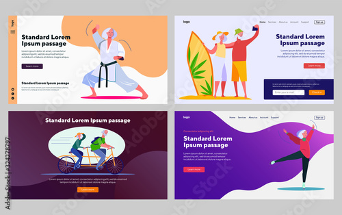 Senior people enjoying activities set. Martial arts, surfing, riding bike, ice skating. Flat vector illustrations. Retired couple, lifestyle concept for banner, website design or landing web page