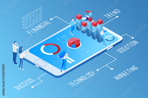 Vector of business people following financial trends using mobile app technology