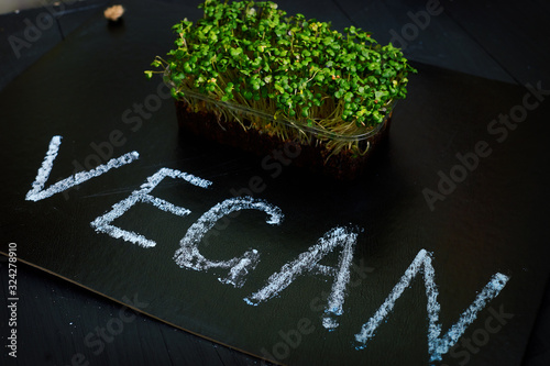 sprouted grains of mustard with leaves and the word vegan on a black background. photo