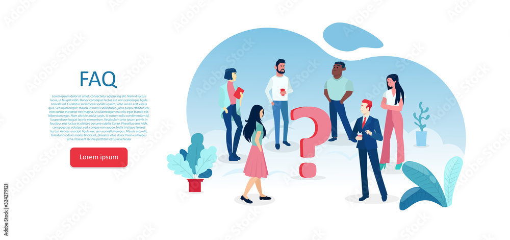 Vector of people standing around a question mark looking for an answer