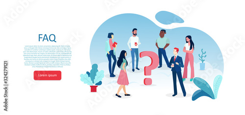 Vector of people standing around a question mark looking for an answer