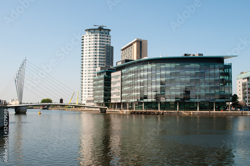 Media City Footbridge and the BBC buildings, Salford Quays, Greater Manchester, UK