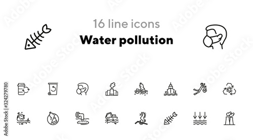 Water pollution icon set. Line icons collection on white background. Litter, sea, plastic. Environment concept. Can be used for topics like problem, danger, conservation