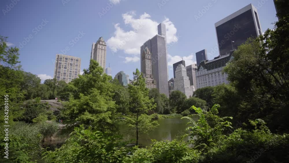 View of Midtown buildings while moving through green Central Park trees View of Midtown buildings while moving through green Central Park trees