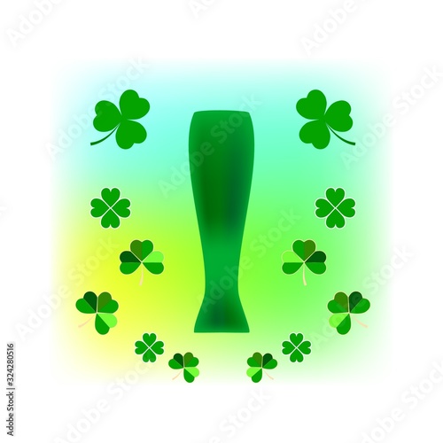 Clover and mug on colorful square. Symbol fortune, success, traditional ireland festival, holiday St. Patrick. Fashion modern design. Color template for prints, card, wrapping Vector illustration