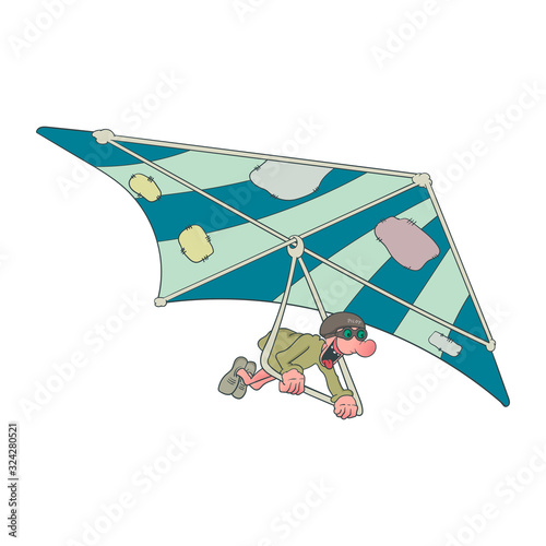 Cartoon man flies on a hang glider with his mouth wide open. Vector illustration.