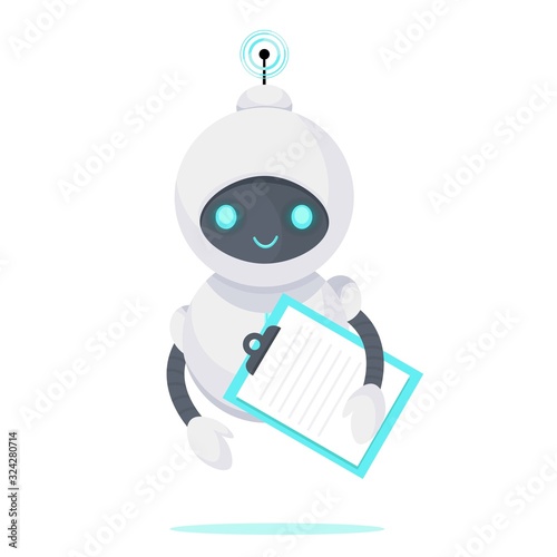 Chat bot with document. Robot virtual assistance. Artificial Intelligence. Cartoon flat vector illustration.