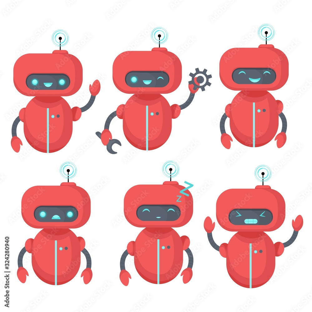 Chat bot icon set. Robot with different emotions. Virtual assistant for  website, mobile app and customer service. Cartoon flat vector illustration.  Stock Vector | Adobe Stock
