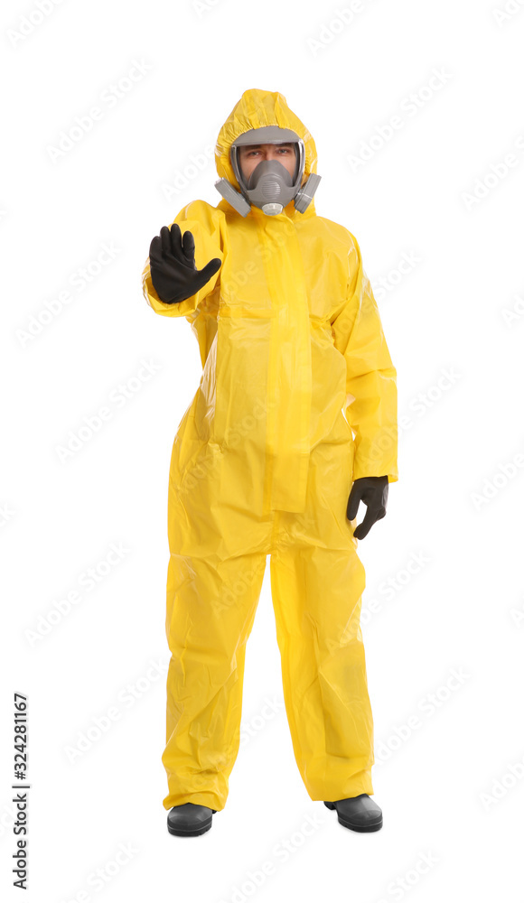 Man in chemical protective suit making stop gesture on white background. Virus research Man in chemical protective suit making stop gesture on white background. Virus research