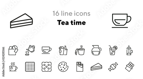 Tea time icons. Set of line icons. Cheesecake slice, bar of chocolate, french press. Tea break concept. Vector illustrations for topics like business process, everyday routine, food, office life