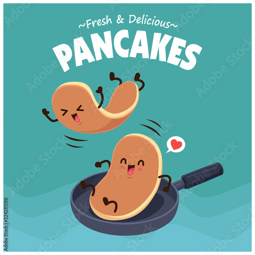 Vintage food poster design with vector pancakes character.