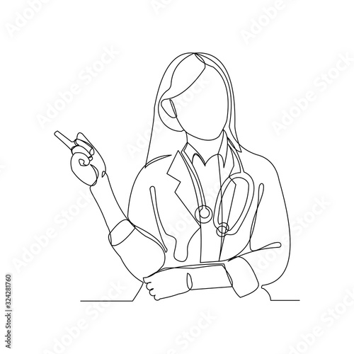 Continuous line drawing of woman doctor with stethoscope. One line art of health care concept. Vector illustration.