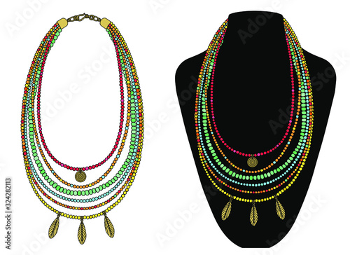 Bright boho style necklace with pendants. Vector