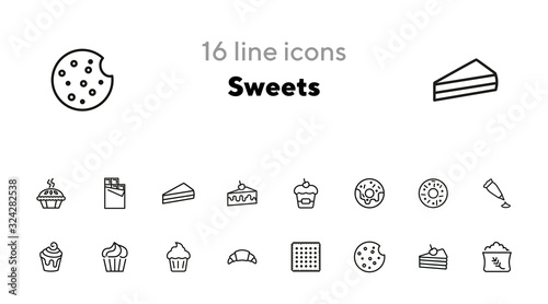 Sweets line icon set. Set of line icons on white background. Confectionery concept. Donut, cupcake, pie. Vector illustration can be used for topics like bakery, baking