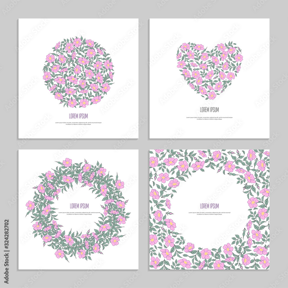 Set floral square template for greeting card. Cover for social media posts, app, banner design and web. Pink flower rose hip and leaf in shape of heart and circle hand drawing. Vector illustration.