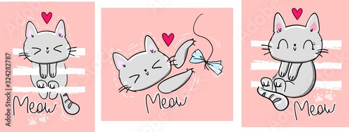 Set cute cats on a striped with a heart. Sketch kittens print for children's textiles, t-shirts, nursery. Letters - Meow. Pink background