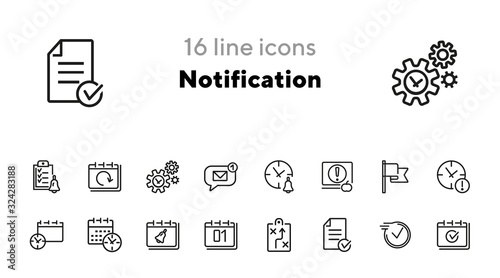 Notification line icon set. Calendar, bell, clock, watch. Time management concept. Can be used for topics like alarm clock, deadline, planning, schedule