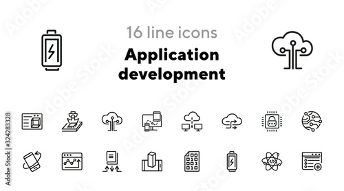 Application development line icon set. Battery charging, binary code, cloud networking. Information technology concept. Can be used for topics like programming, mobile apps, artificial intelligence