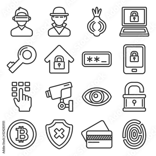 Dark Deep Internet and Security Icons Set. Line Style Vector