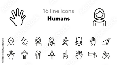 Humans line icon set. Person, woman, face, body, hand. Home concept. Can be used for topics like gesture, occupation, age, action