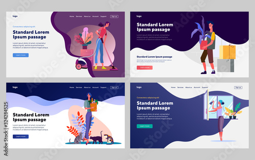 Home routine set. People doing homework, cleating, washing, buying food. Flat vector illustrations. Housekeeping, service, domestic work concept for banner, website design or landing web page