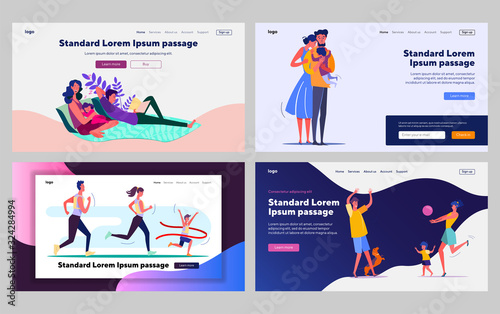 Families enjoying leisure time set. Parents and kids reading, hugging, playing ball. Flat vector illustrations. Childhood, togetherness, activity concept for banner, website design or landing web page