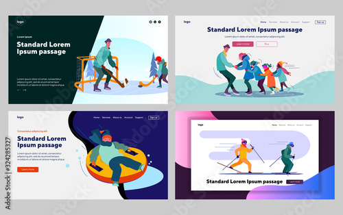 Winter outdoor activities set. People, kids skiing, skating, sledging, playing hockey. Flat vector illustrations. Active lifestyle, sport, family concept for banner, website design or landing web page