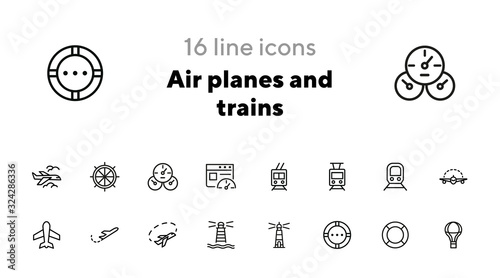 Air planes and trains icons. Set of line icons on white background. Transport concept. Vector illustration can be used for topics like modern life, travelling