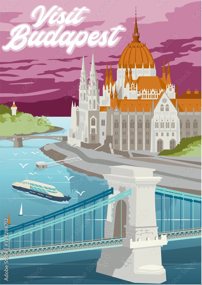 Naklejka premium Travel Poster Visit Budapest tourism Hungary vacation Europe trip