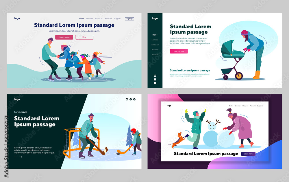 Parents and kids enjoying winter activities set. Ice skating, hockey, walk with stroller. Flat vector illustrations. Family, lifestyle, leisure concept for banner, website design or landing web page Parents and kids enjoying winter activities set. Ice skating, hockey, walk with stroller. Flat vector illustrations. Family, lifestyle, leisure concept for banner, website design or landing web page