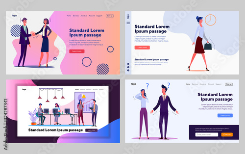 Office workers set. Employee shaking hands, walking, discussing project presentation. Flat vector illustrations. Business, communication concept for banner, website design or landing web page