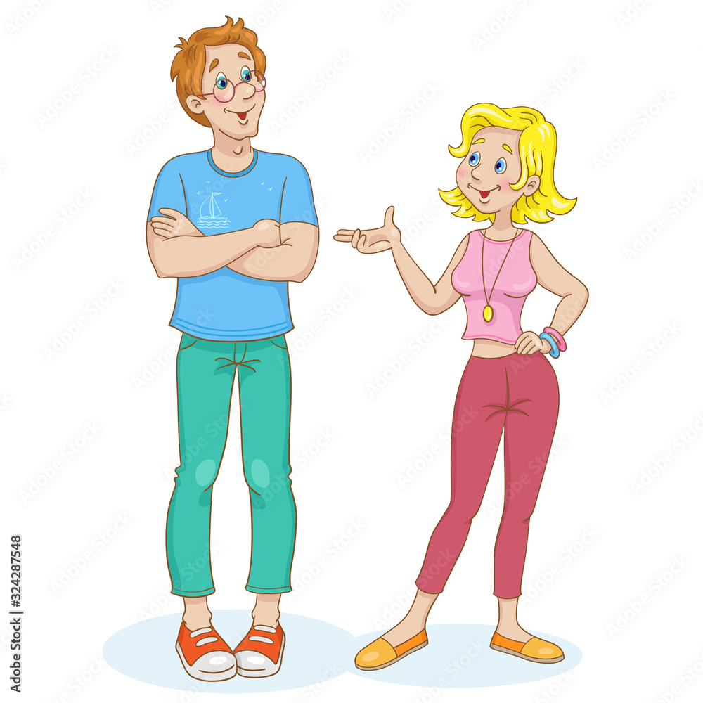 A young beautiful couple a man and a woman are standing and talking. In cartoon style. Isolated on white background. Vector illustration. A young beautiful couple a man and a woman are standing and talking. In cartoon style. Isolated on white background. Vector illustration.