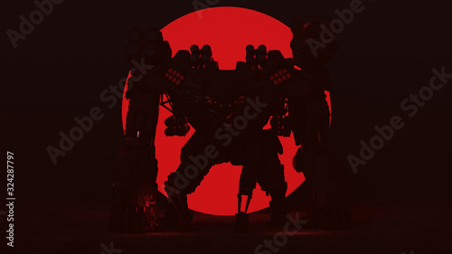 Futuristic AI Battle Droid Cyborg Mech with Glowing Lens with Red Alien Sphere 3d illustration 3d render 