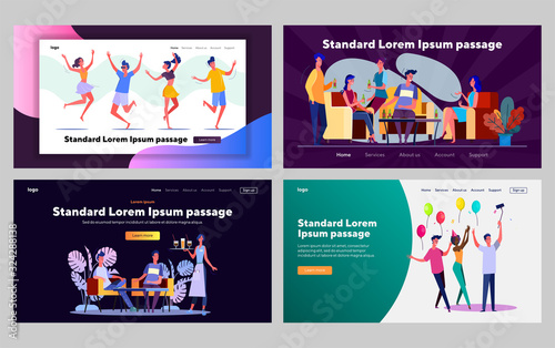 Friends hanging out together set. People dancing, drinking beer in bar, birthday. Flat vector illustrations. Friendship, communication concept for banner, website design or landing web page