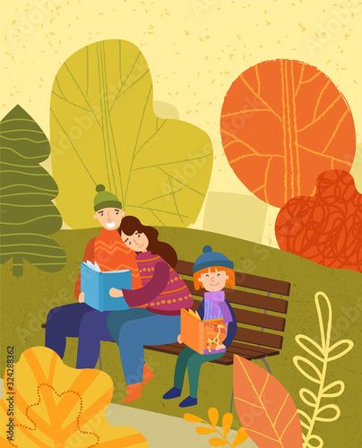 Family seated on a bench relaxing in an autumn park with the parents sharing a book as a young child sits watching the viewer alongside, vector illustration